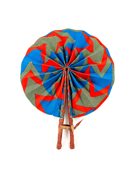 African Fabric Hand Fan with Leather Handle