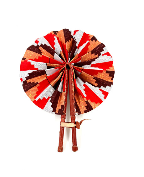 African Fabric Hand Fan with Leather Handle