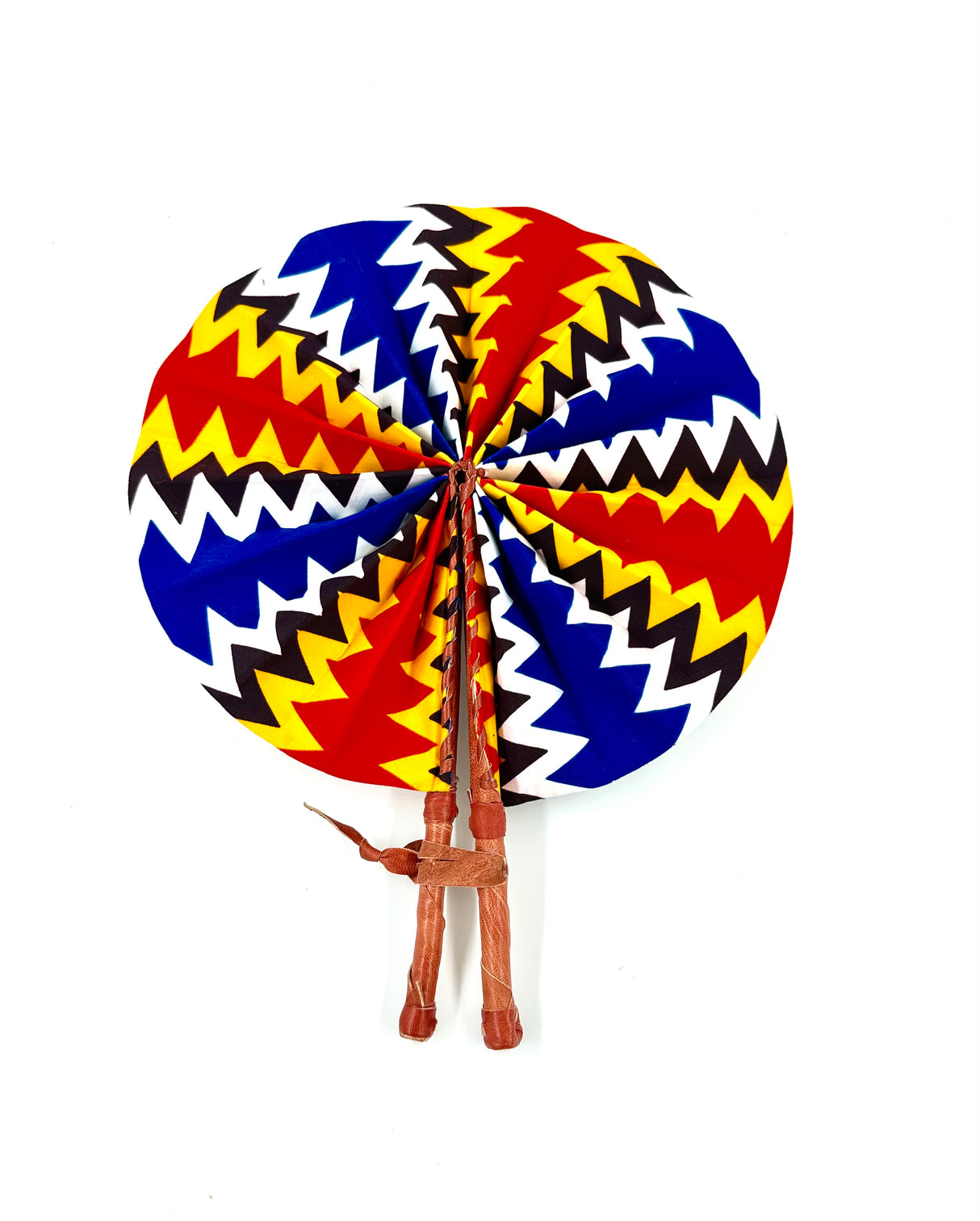 African Fabric Hand Fan with Leather Handle