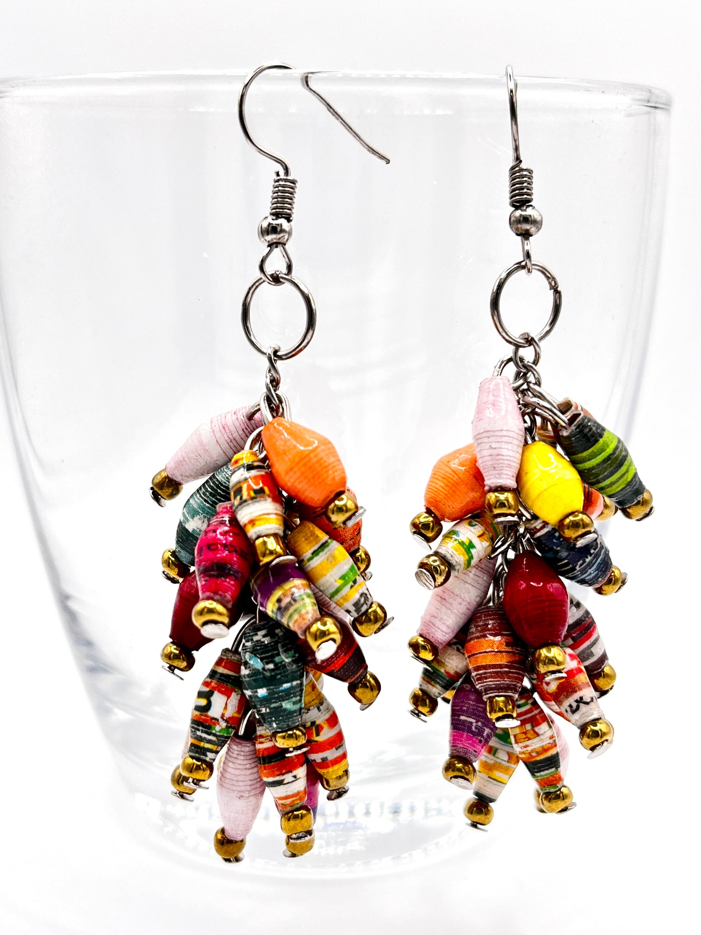 Ugandan Paper Bead Dangle Bunch Earrings