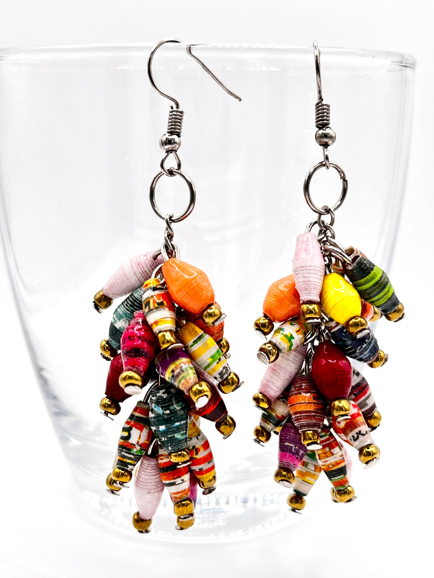 Ugandan Paper Bead Dangle Bunch Earrings