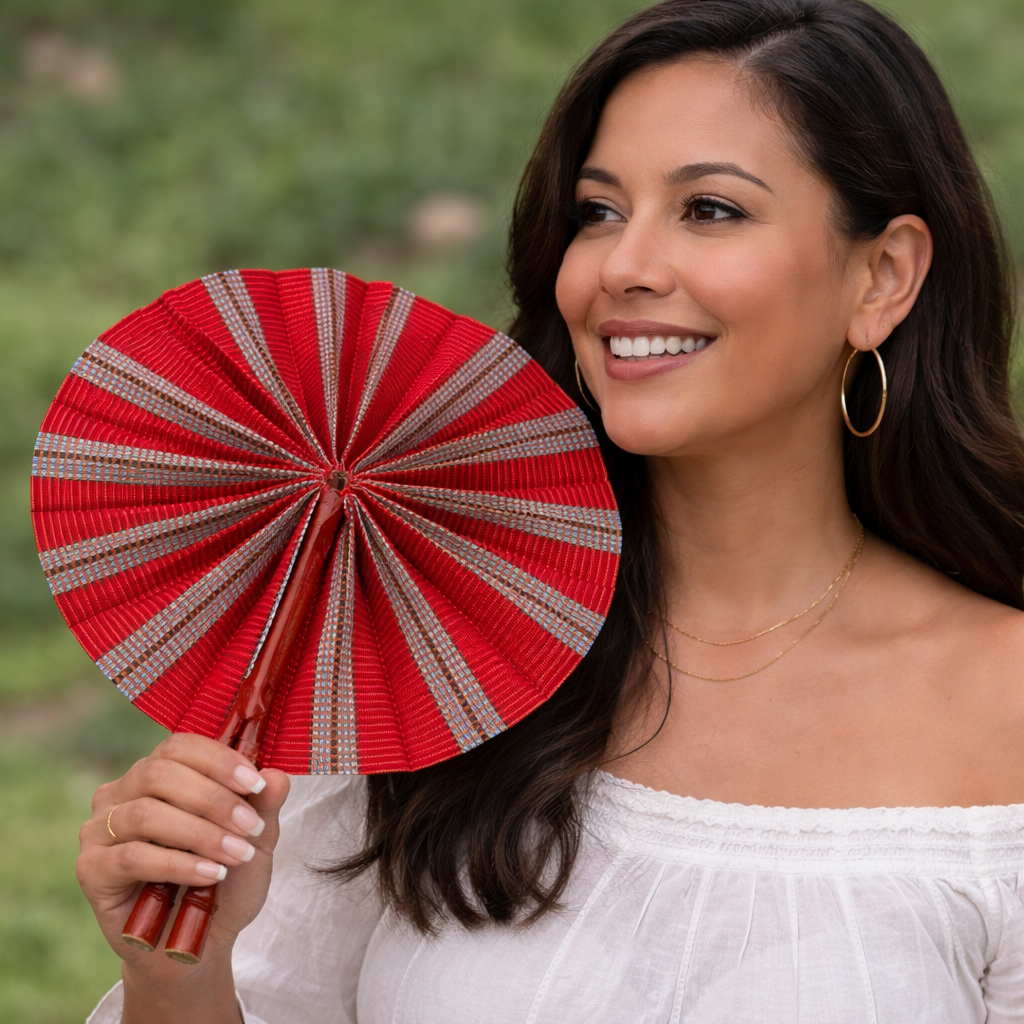 African Fabric Hand Fan with Leather Handle