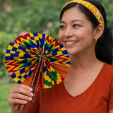 African Fabric Hand Fan with Leather Handle