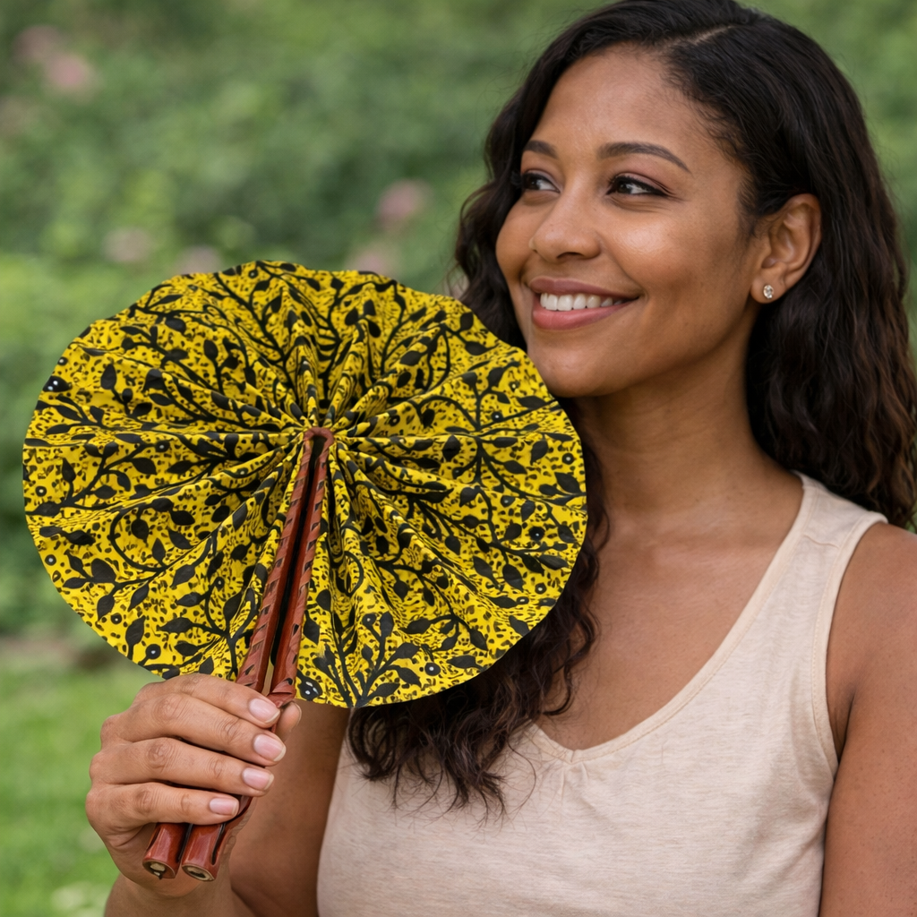 African Fabric Hand Fan with Leather Handle