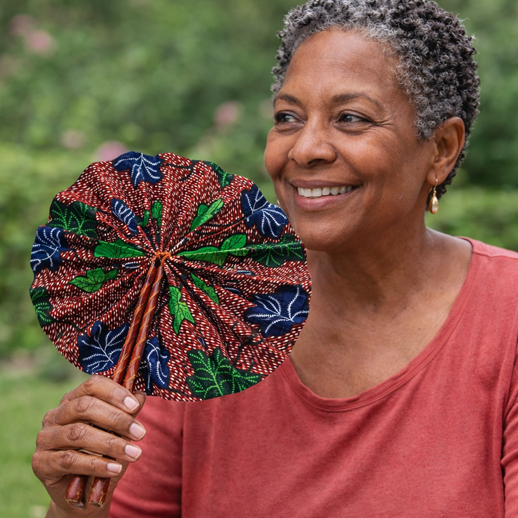 African Fabric Hand Fan with Leather Handle