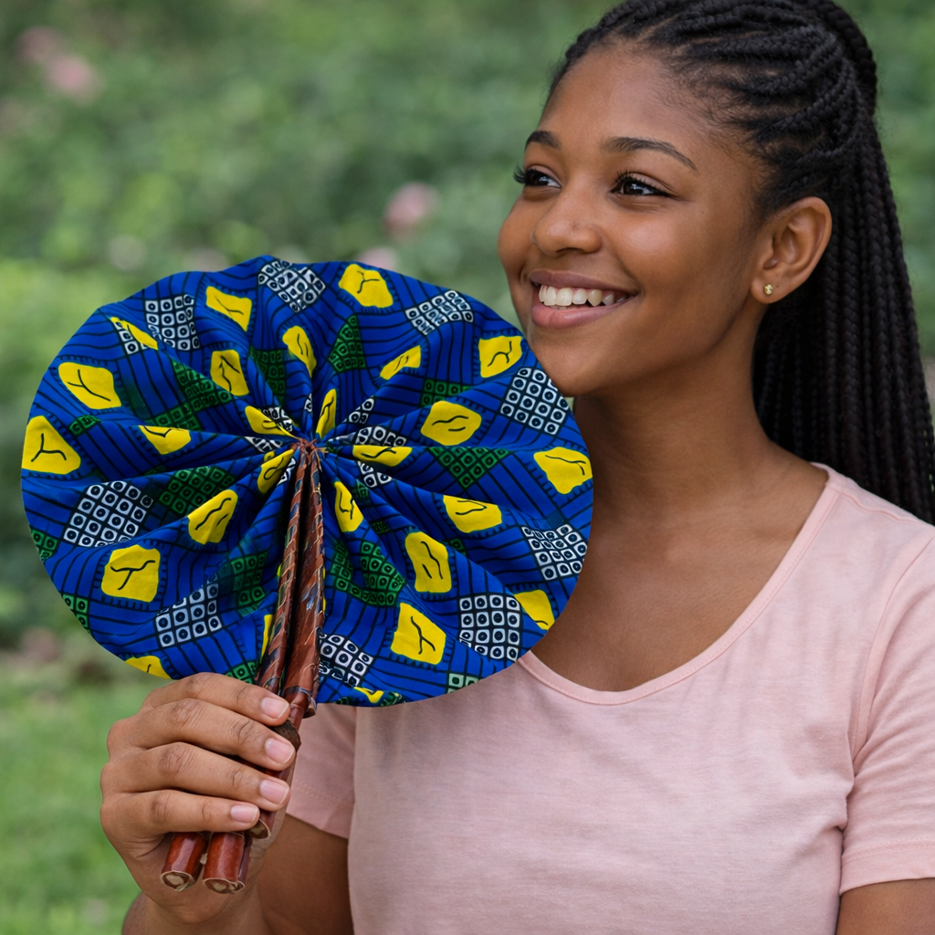 African Fabric Hand Fan with Leather Handle
