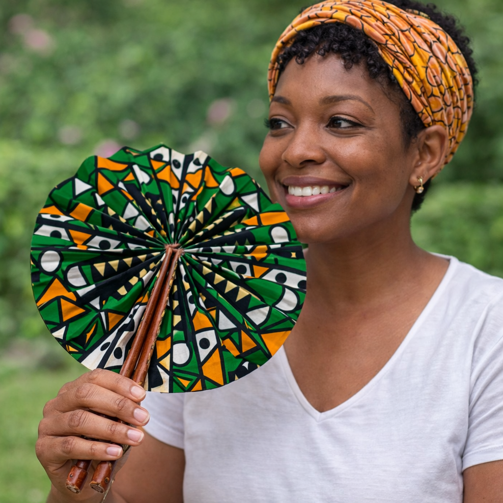 African Fabric Hand Fan with Leather Handle