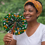 African Fabric Hand Fan with Leather Handle