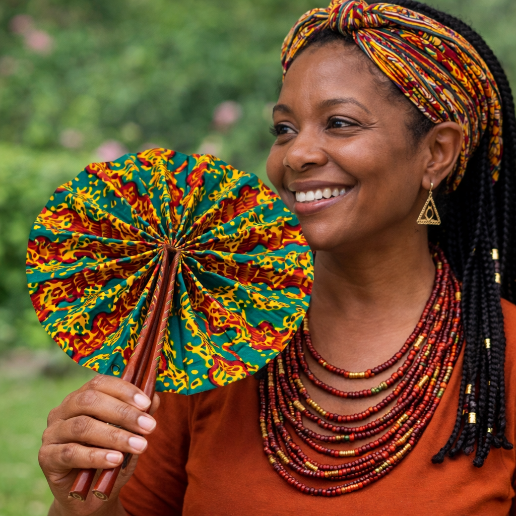 African Fabric Hand Fan with Leather Handle
