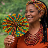 African Fabric Hand Fan with Leather Handle