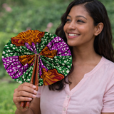 African Fabric Hand Fan with Leather Handle
