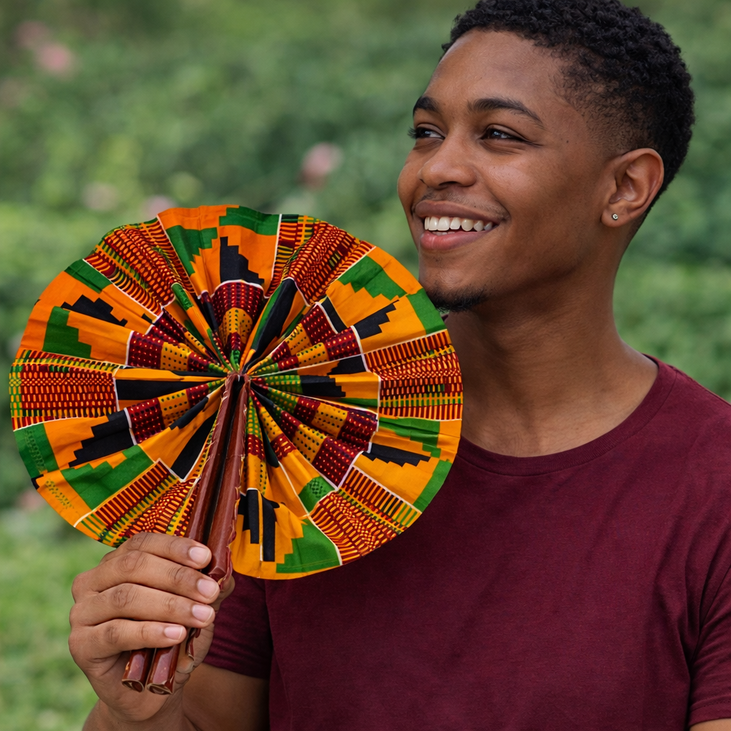 African Fabric Hand Fan with Leather Handle