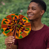 African Fabric Hand Fan with Leather Handle