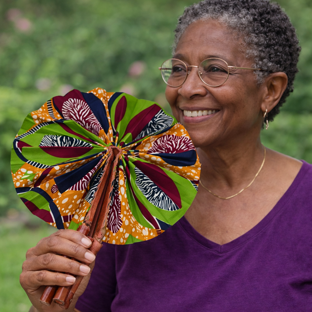 African Fabric Hand Fan with Leather Handle