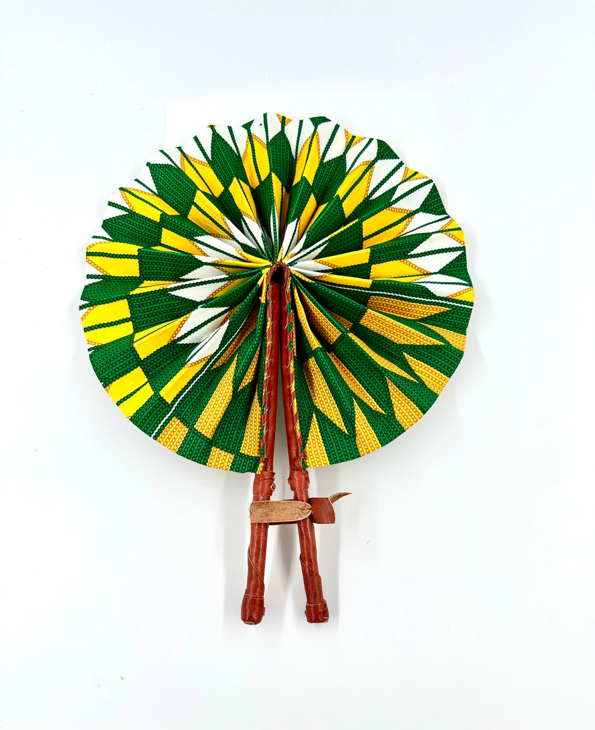 African Fabric Hand Fan with Leather Handle