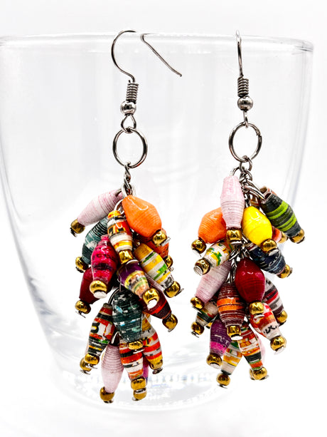 Ugandan Paper Bead Dangle Bunch Earrings